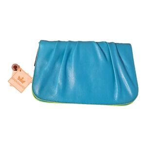 Baekgaard Genuine‎ Leather Gathered Clutch Bag Cotton Candy Blue Lime NWT